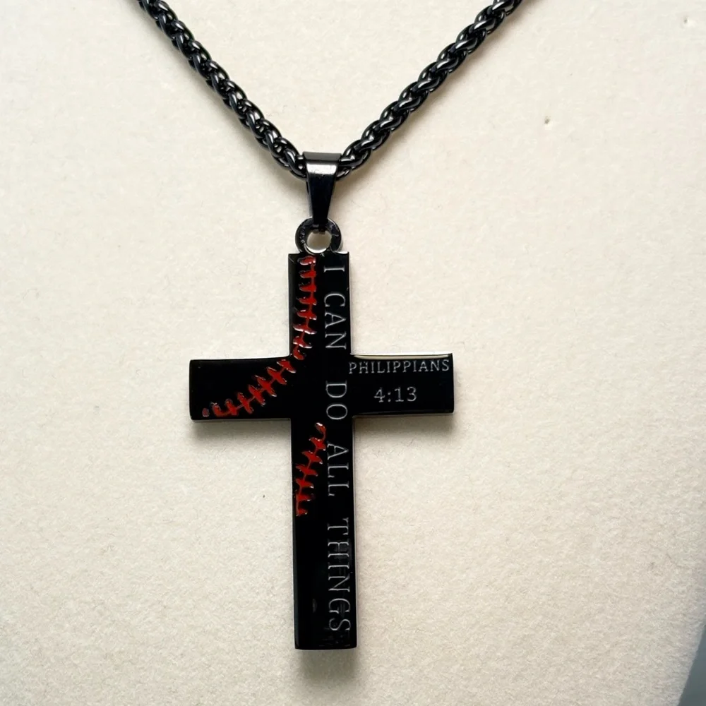 Black and‎ Red Baseball Cross Necklace